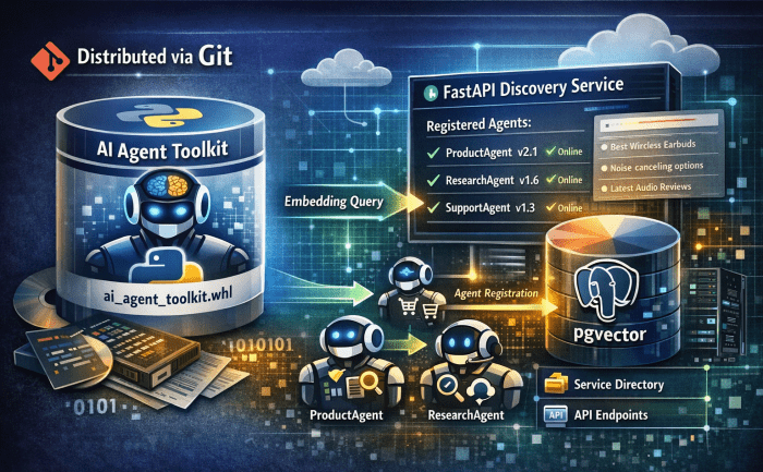 AI agent Python library packaged as a wheel, distributed via git, with agents self-registering in a FastAPI discovery service