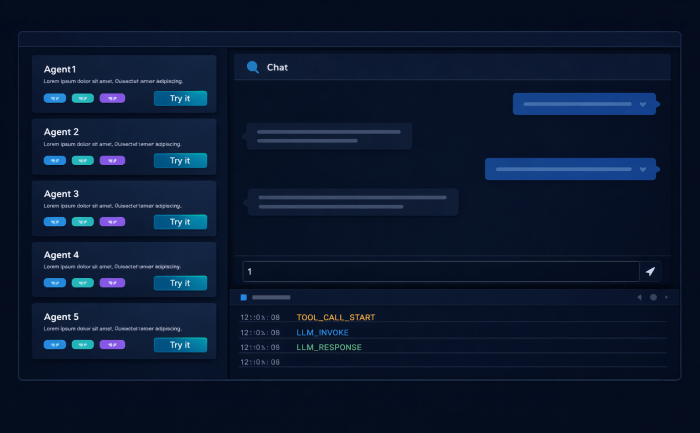 Dark-mode developer web application with three panels: agent cards on the left, chat interface in the center, and a collapsible log panel at the bottom.