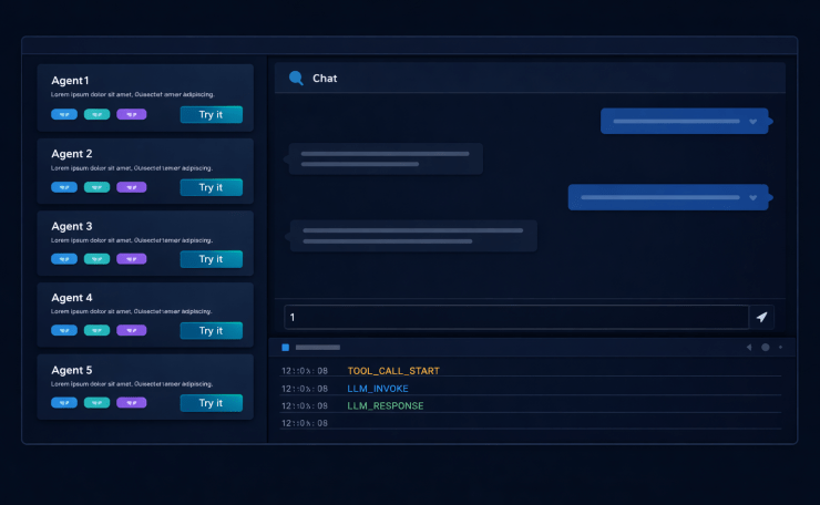 Dark-mode developer web application with three panels: agent cards on the left, chat interface in the center, and a collapsible log panel at the bottom.