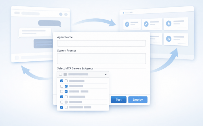 Modern web UI form for configuring and deploying AI agents, with chat and portal panels connected by arrows in a light blue, no‑code aesthetic.