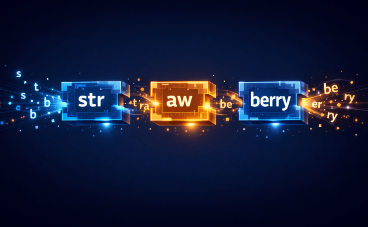 Stylized technical illustration showing the word “strawberry” split into three glowing token blocks labeled “str,” “aw,” and “berry,” floating against a dark background with luminous character fragments around them.