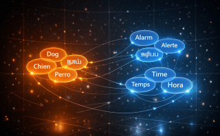 3D digital illustration of multilingual word clusters in a dark space‑like grid, showing glowing bubbles for “dog,” “alarm,” and “time” in English, Tamil, French, and Spanish, connected by luminous threads and vector arrows to represent semantic relationships.